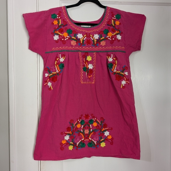 yzxdorwj Dresses & Skirts - Embroidered YZXDORWJ Tunic Dress Pink Mexican Floral Boho Beach Size M